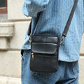 Men's brown leather crossbody shoulder bag with sewing line detailing and shoulder strap