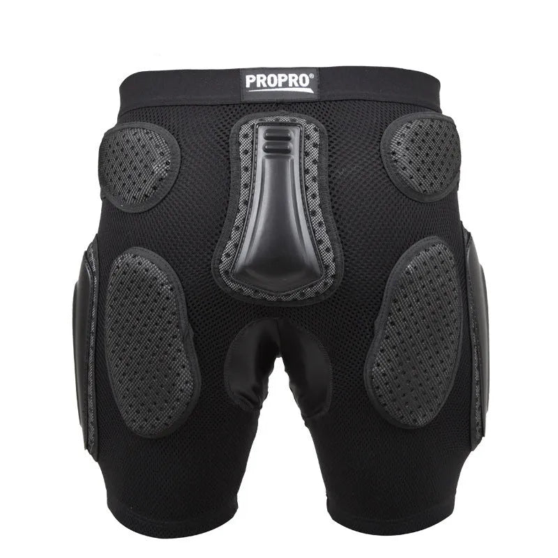 Black cycling hip pad pants showing integrated protective padding for sports safety in S M L XL sizes