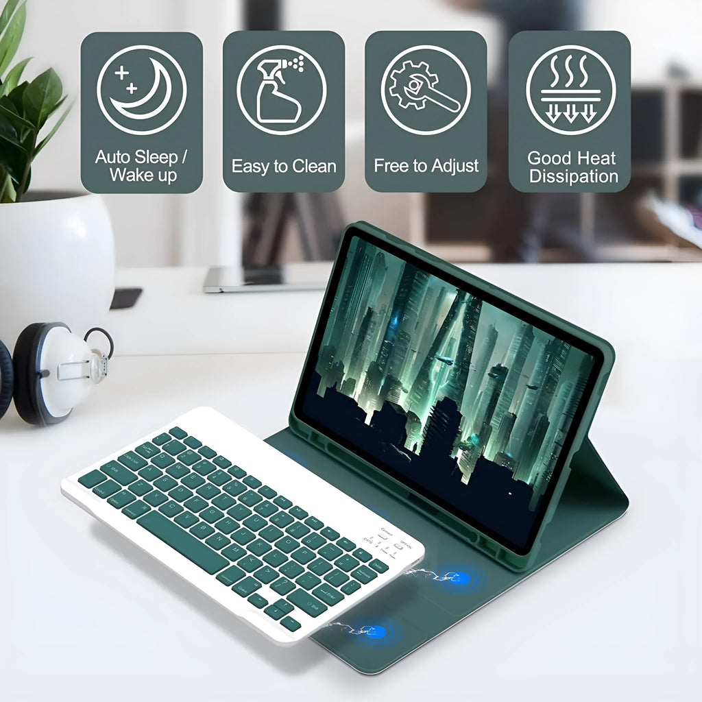 Bluetooth keyboard and charging mouse inside a soft TPU leather-look case for Samsung tablet