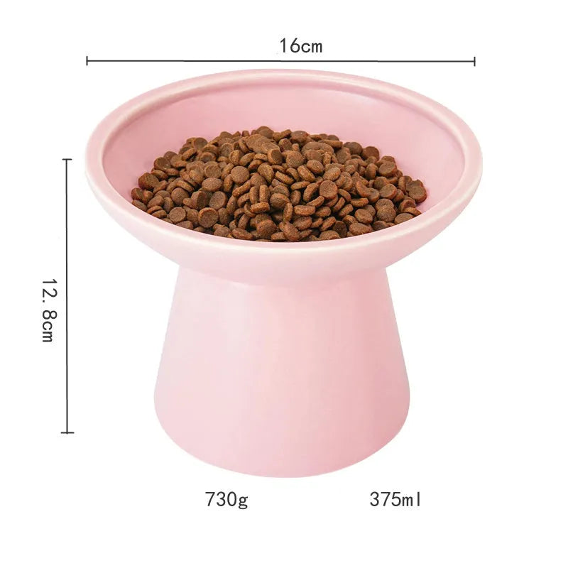 Ceramic elevated cat food and water bowls in blue, green, pink, and white colours