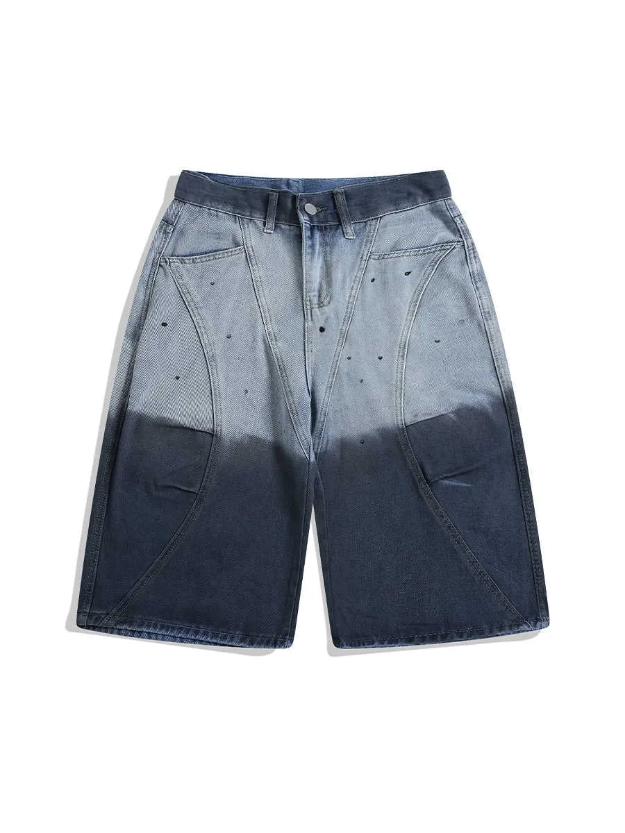Blue tie-dye gradient cropped jeans with a loose fit and washed-out, worn-looking finish.