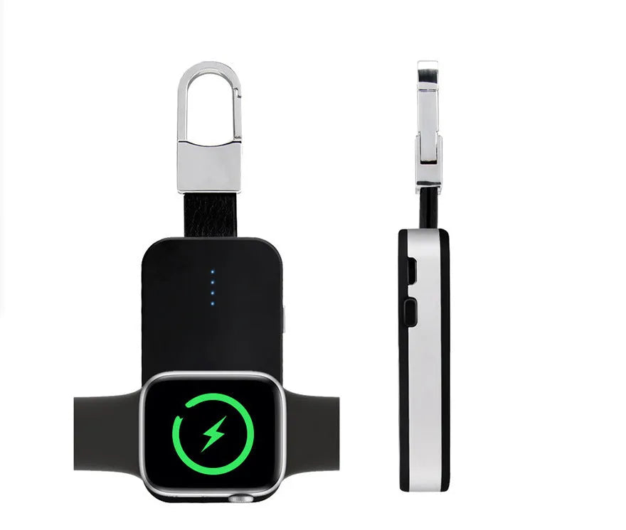 Black keychain-sized wireless power bank for Apple Watch showing front view and size relative to a keyring.