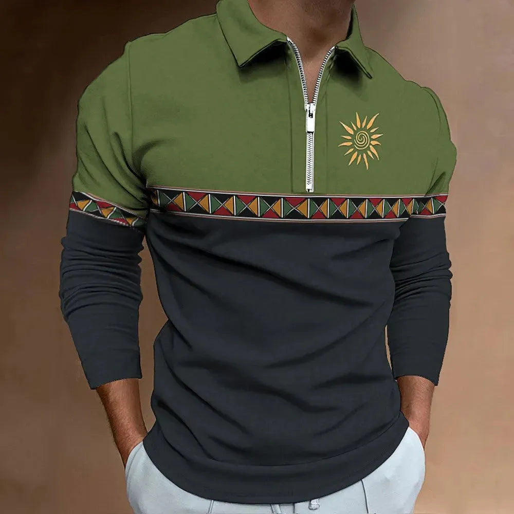 Men's retro printed long sleeve golf top with striped pattern and zipper decoration in loose fit