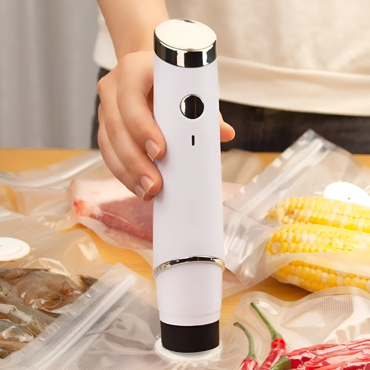 White USB portable vacuum sealer pump with five 26x28cm plastic zipper food storage bags