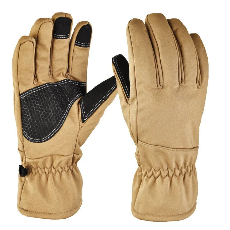 A pair of tactical camouflage ski gloves with an anti-slip palm and touch screen fingertips.