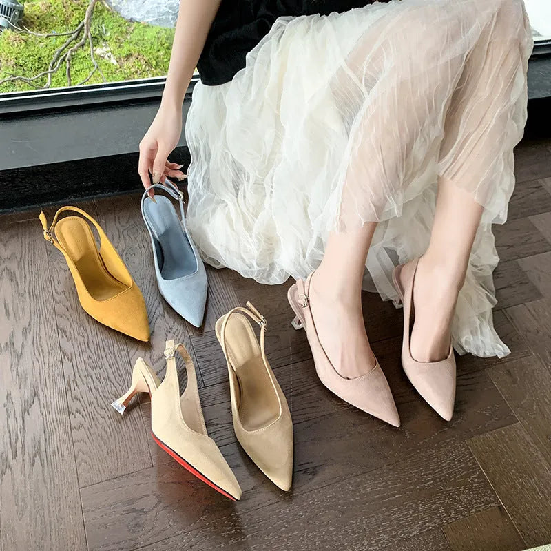 Women's pointed toe stiletto high heels in suede, shown in apricot colour on a light background.