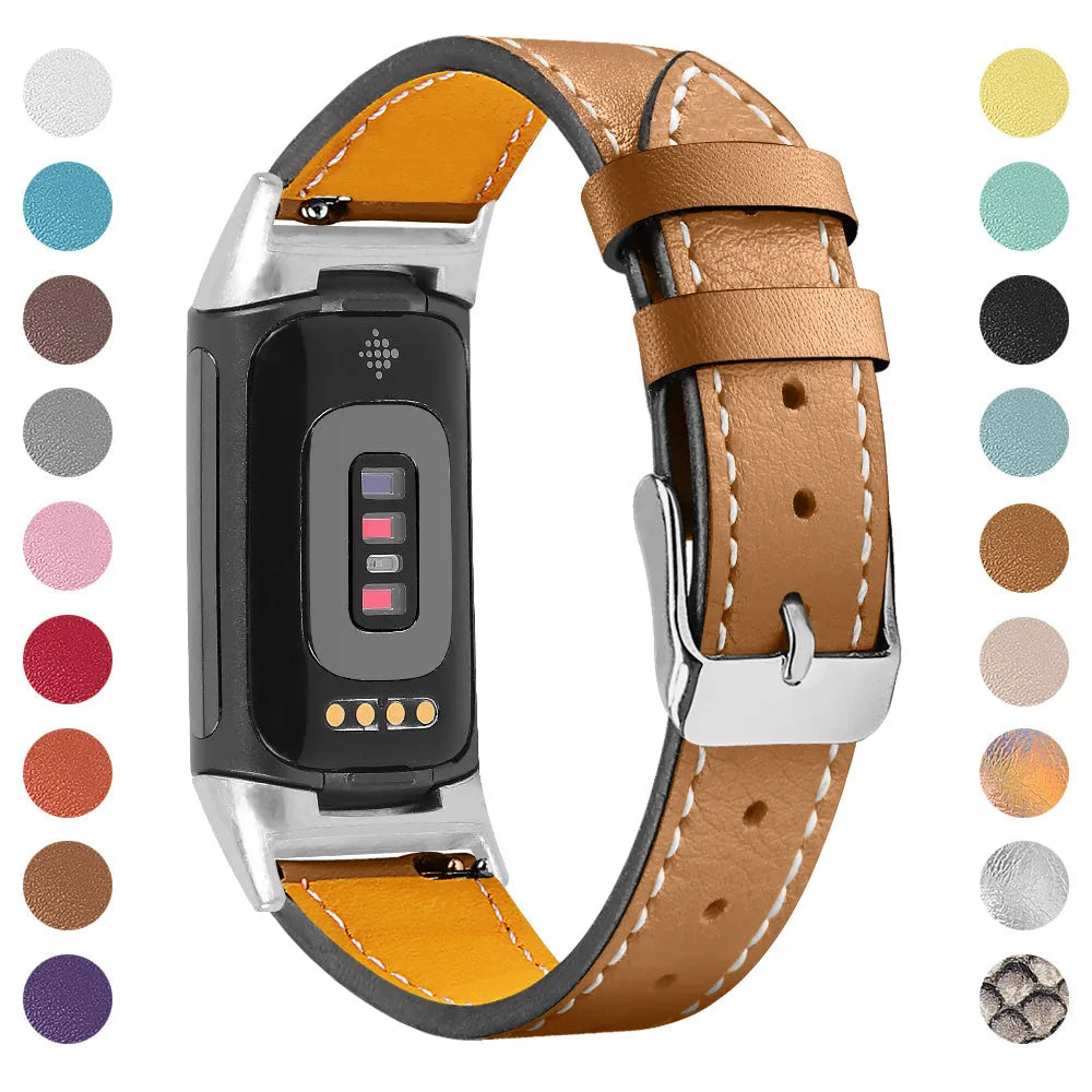Genuine cowhide leather replacement strap with buckle clasp for Fitbit Charge 5 and Charge 6 smartwatches.