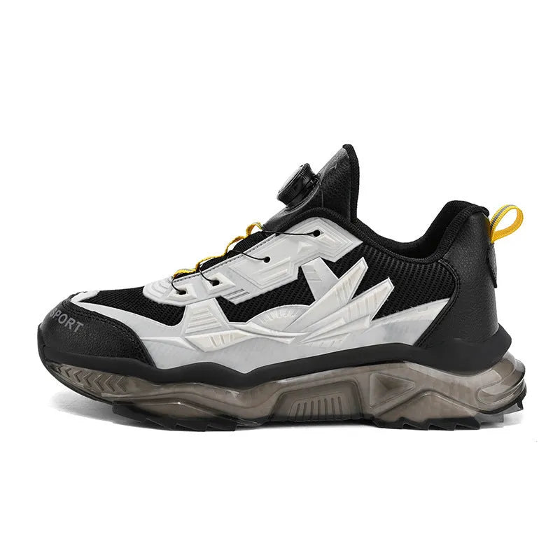 Men's black rotating button platform casual sneakers with mesh upper on a rubber sole.