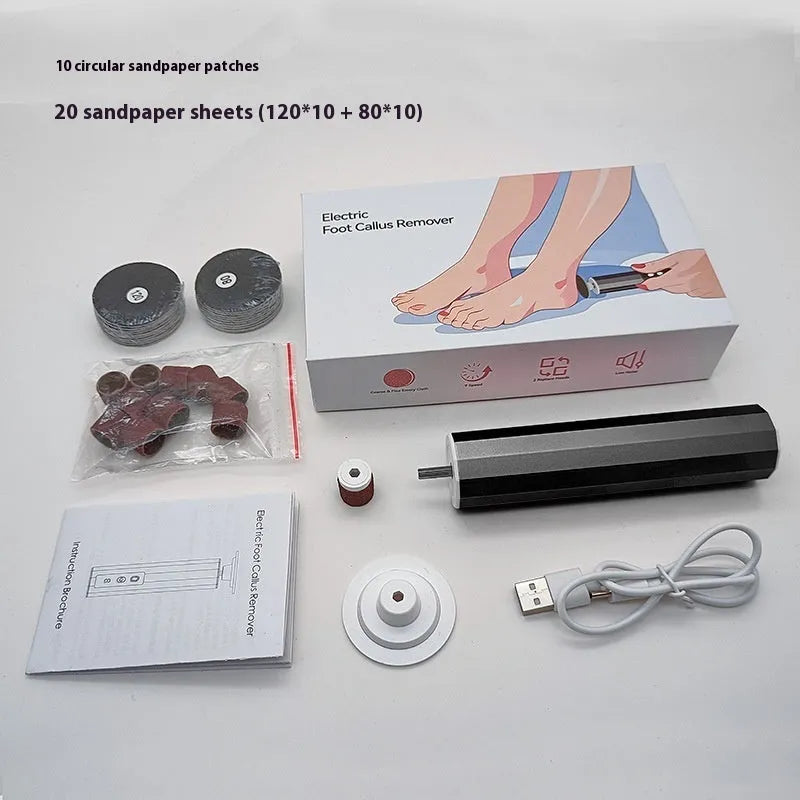 USB-powered electric callus remover tool with assorted sanding discs in pink, black, or purple colour.