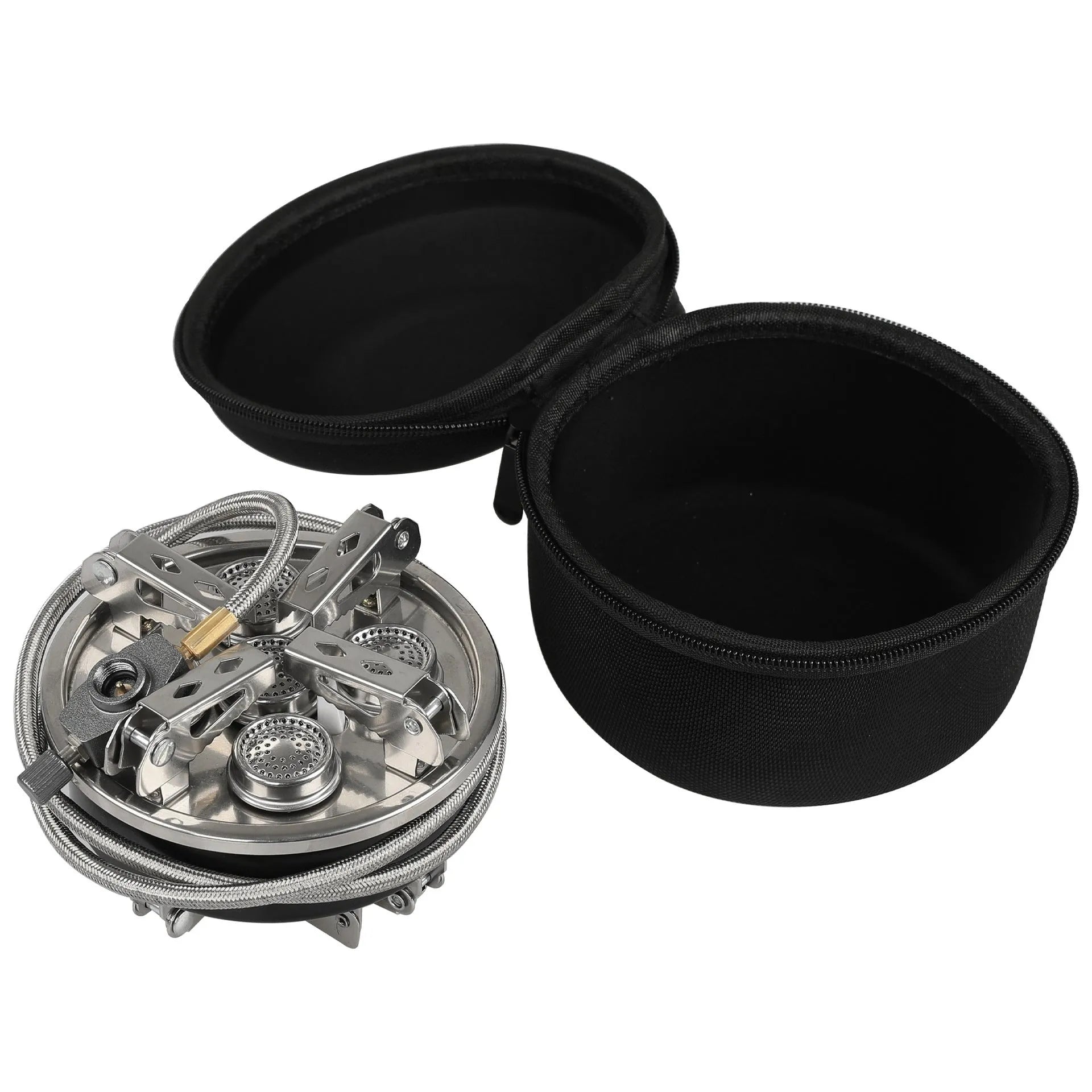 Silver stainless steel split camping stove with 100cm hose, folded dimensions 155x125mm