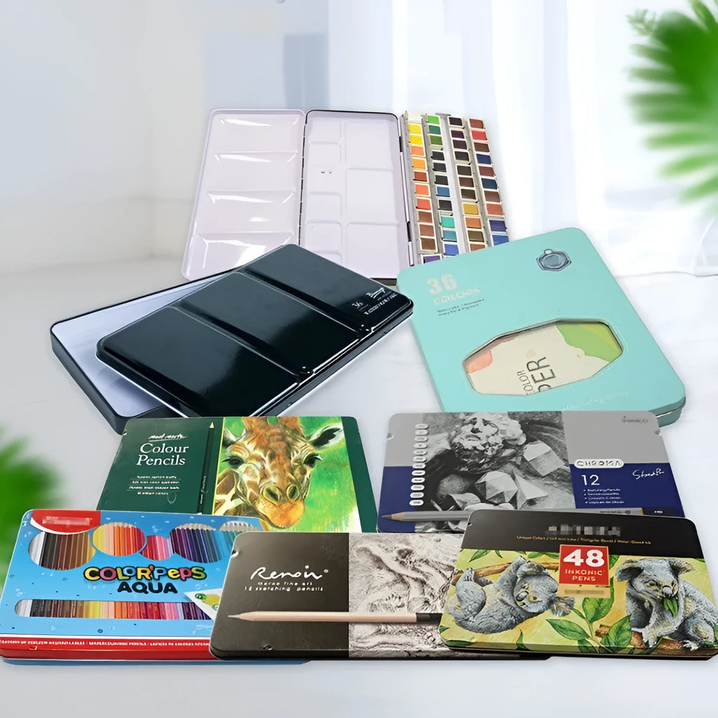 Tinplate metal watercolour paint box with folding compartments for solid pigment storage
