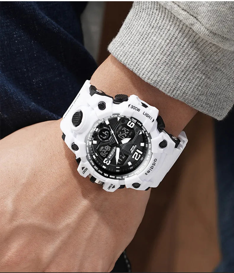 Men's dual display electronic sports watch with round plastic case and 50m waterproof rating