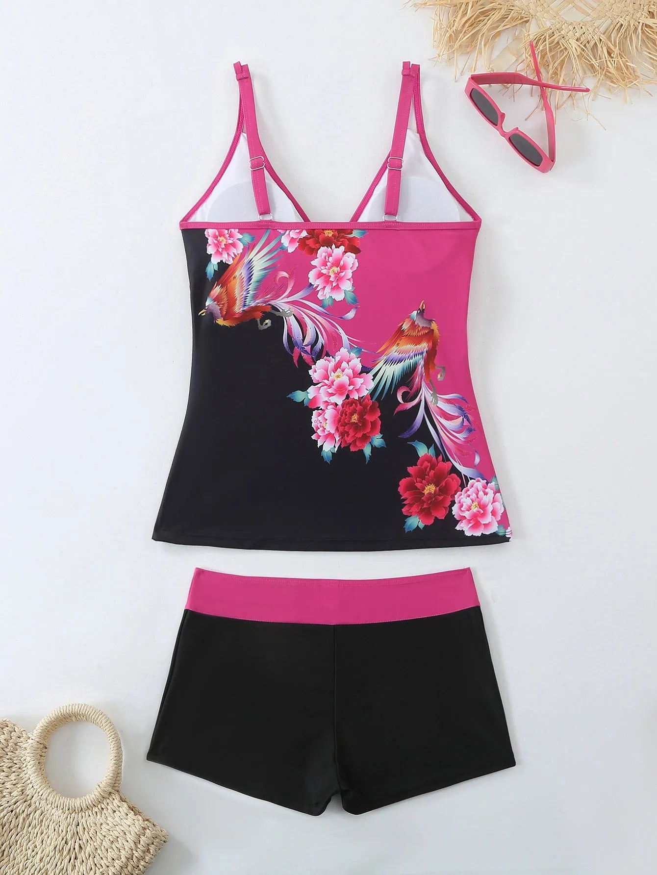 Women's plus size swimsuit briefs in printed black or rose red colours with polyester fabric
