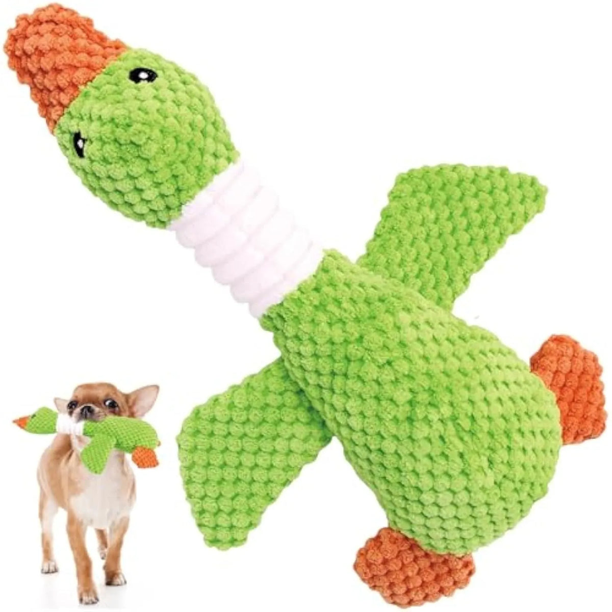 Blue duck-shaped dog plush toy with squeakers for chewing and interactive play
