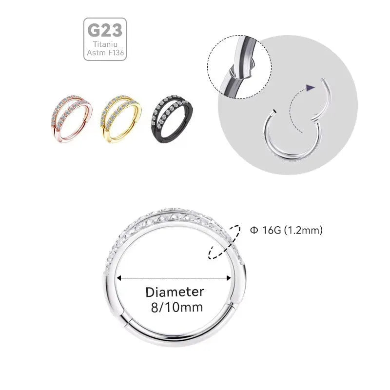 G23 titanium alloy lip nose ear rings with zircon diamond treatment in gold or steel colour