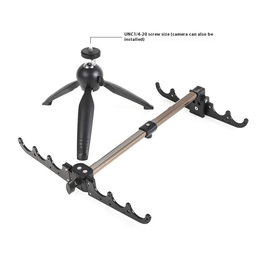 Aluminium ice fishing rod holder bracket with tripod legs supporting a small fishing rod