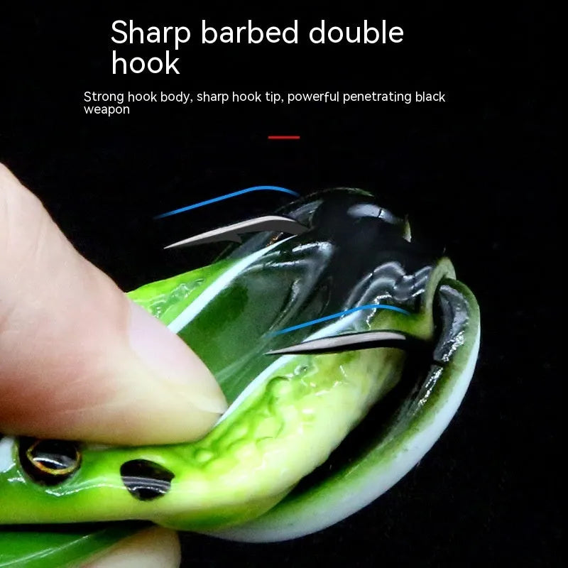 Bionic frog snake head luya fishing lure with black thunder frog legs simulation and double hooks