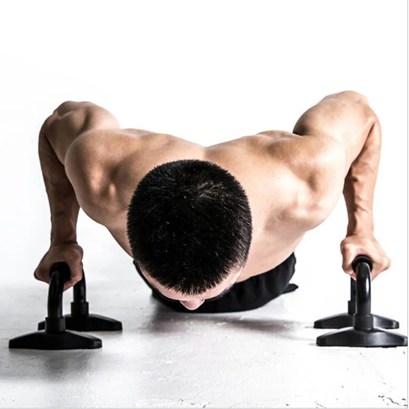 Black I-shaped push-up bracket, 21 cm total length with 14 cm foot length and 10-13 cm stand height for home chest training.