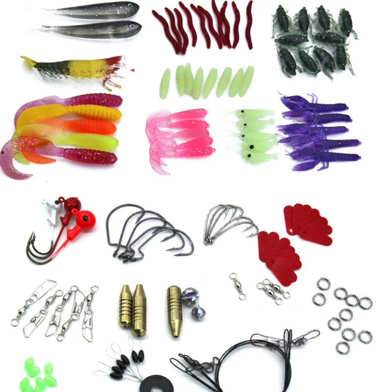 132 piece fishing lure set with plastic soft baits and high carbon steel hooks in rose red colour