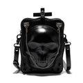 Black Halloween skull shoulder bag with embossed design, chain strap, and vertical square messenger shape