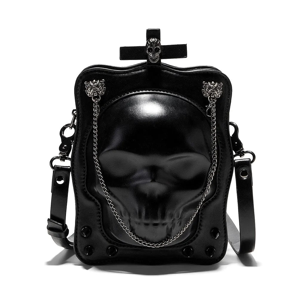 Black Halloween skull shoulder bag with embossed design, chain strap, and vertical square messenger shape