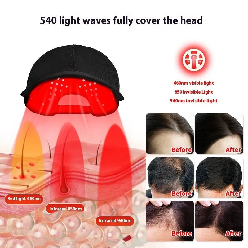 Black infrared hair growth peaked cap with 180 LED lights and controller for scalp light therapy treatment