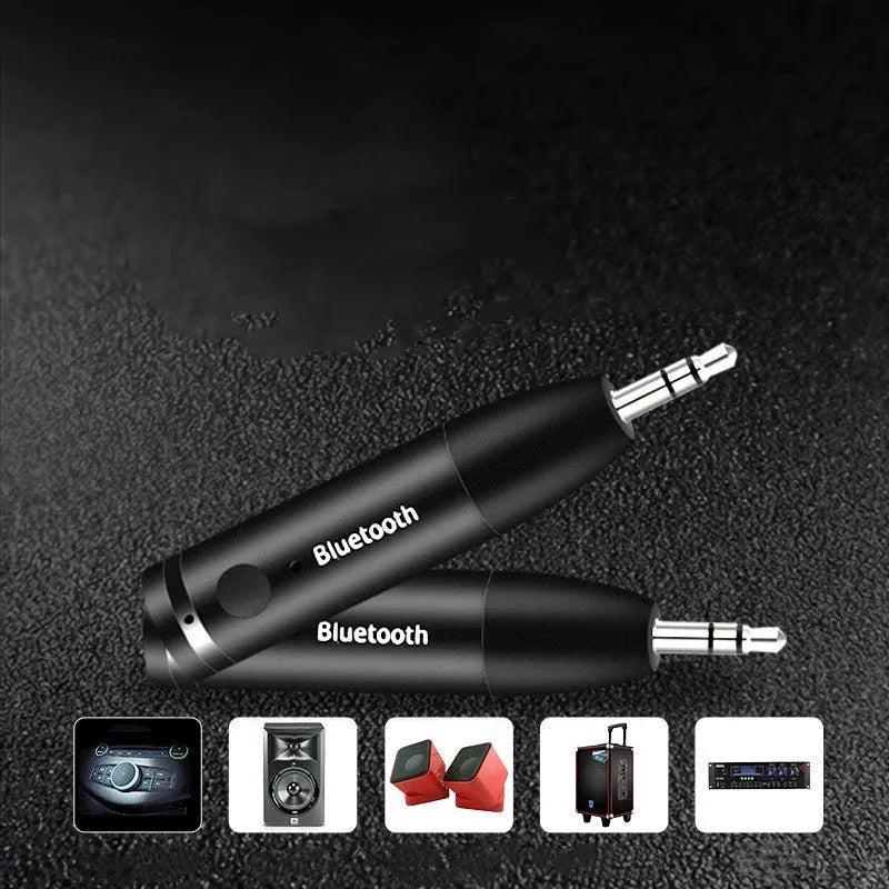 Black Bluetooth audio receiver for car stereo with AUX connection measuring 70mm by 14mm