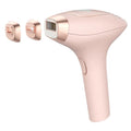 Pink and white three-in-one ice-sensing laser hair removal device with shaver head and charging cable.
