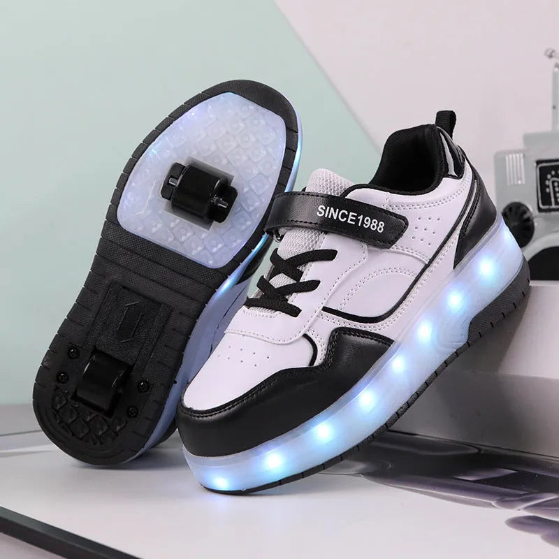 Boys and girls charging LED roller skates in multiple colours with light-up wheels