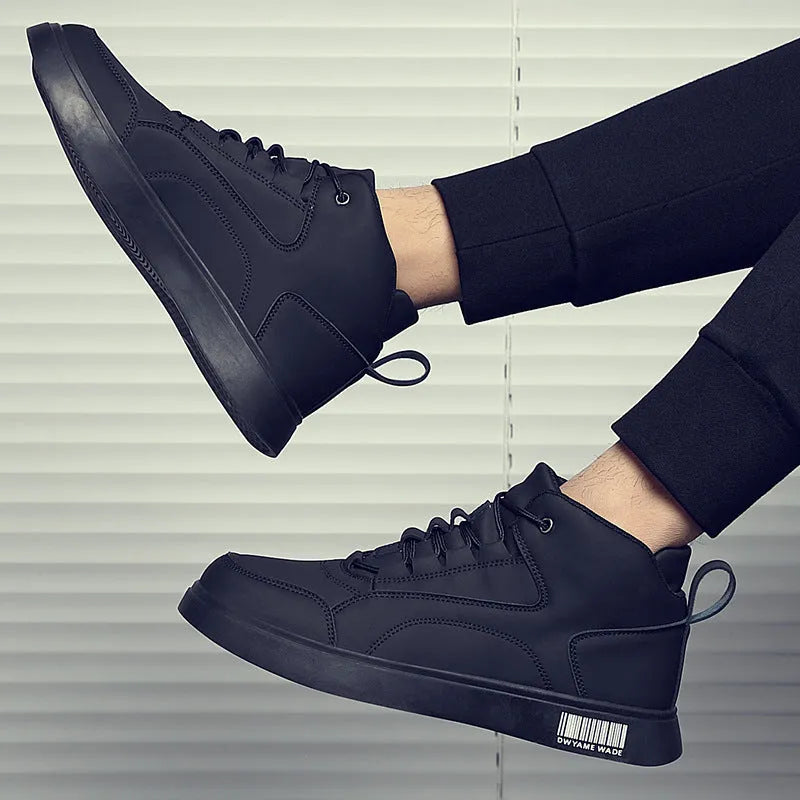Men's white board shoes with lace-up front and round toe design on rubber sole