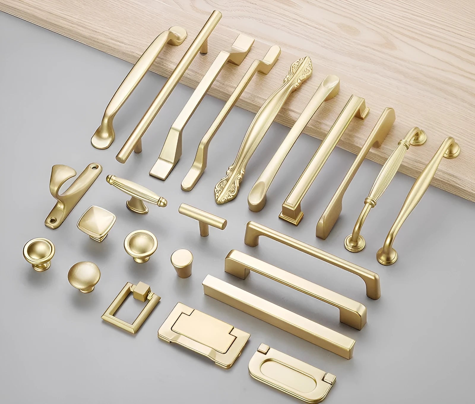 Gold aluminium T-shape cabinet door handle showing three hole distance options