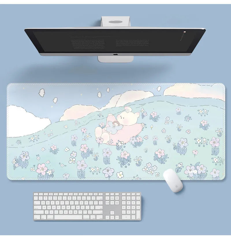 Floral pattern mouse pad on desk with keyboard, showing non-slip rubber base and colourful flower design
