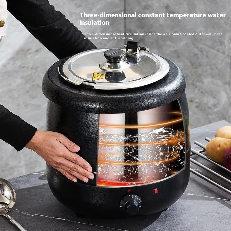 Black stainless steel insulation pot with steel cover, 10 litre capacity, electric heating function