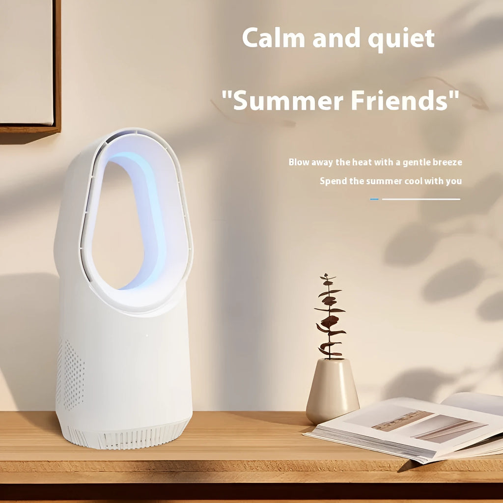 White bladeless tower floor fan with remote control on a wooden desk.