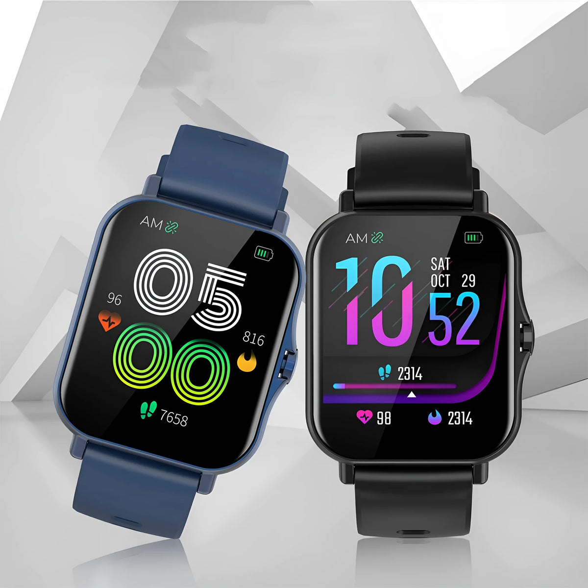 W10 smart watch with curved screen showing heart rate display in blue colour option