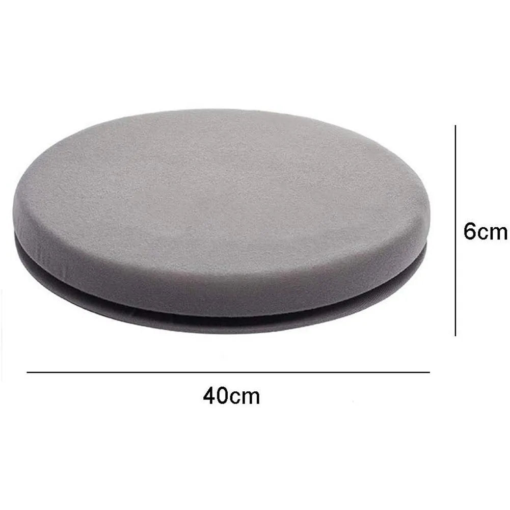 Grey rotating car seat cushion with non-slip base on a car seat, showing swivel function.