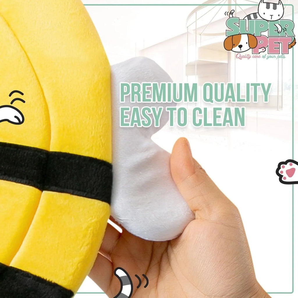 Soft fabric cat recovery collar with black and yellow bee design and white adjustable Velcro strap.