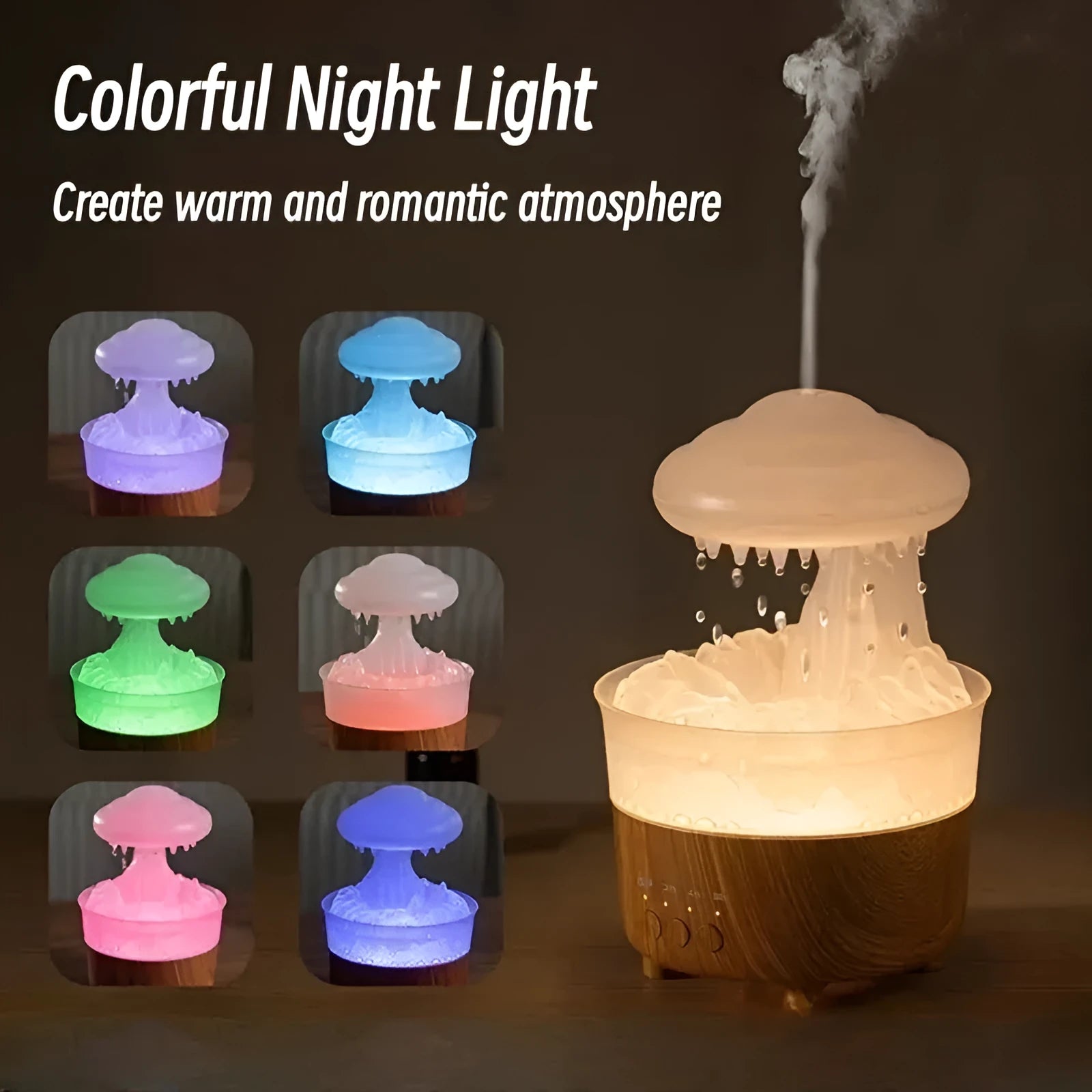 Rain cloud shaped humidifier with wood grain finish emitting mist and glowing with LED light