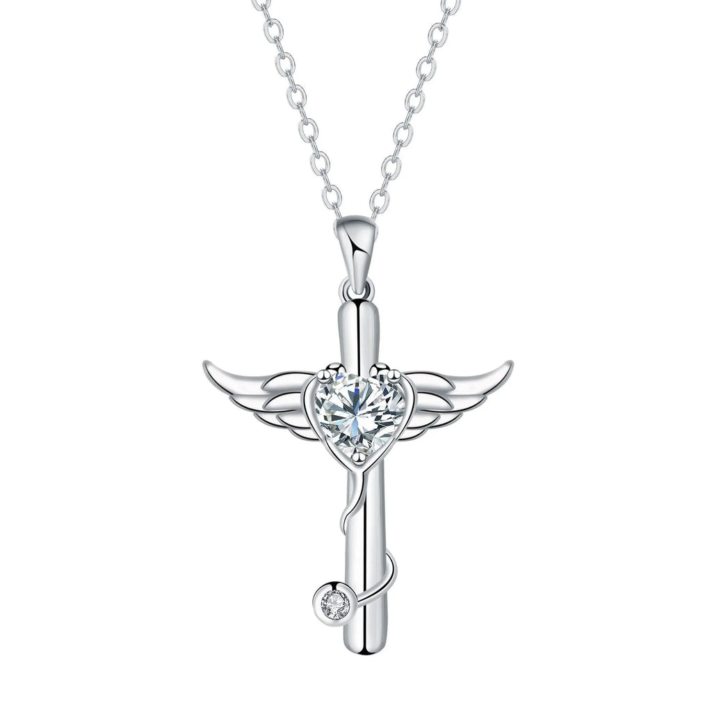 Close-up of a cross and angel wings charm on an adjustable stethoscope chain necklace.