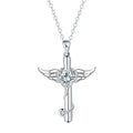 Close-up of a cross and angel wings charm on an adjustable stethoscope chain necklace.