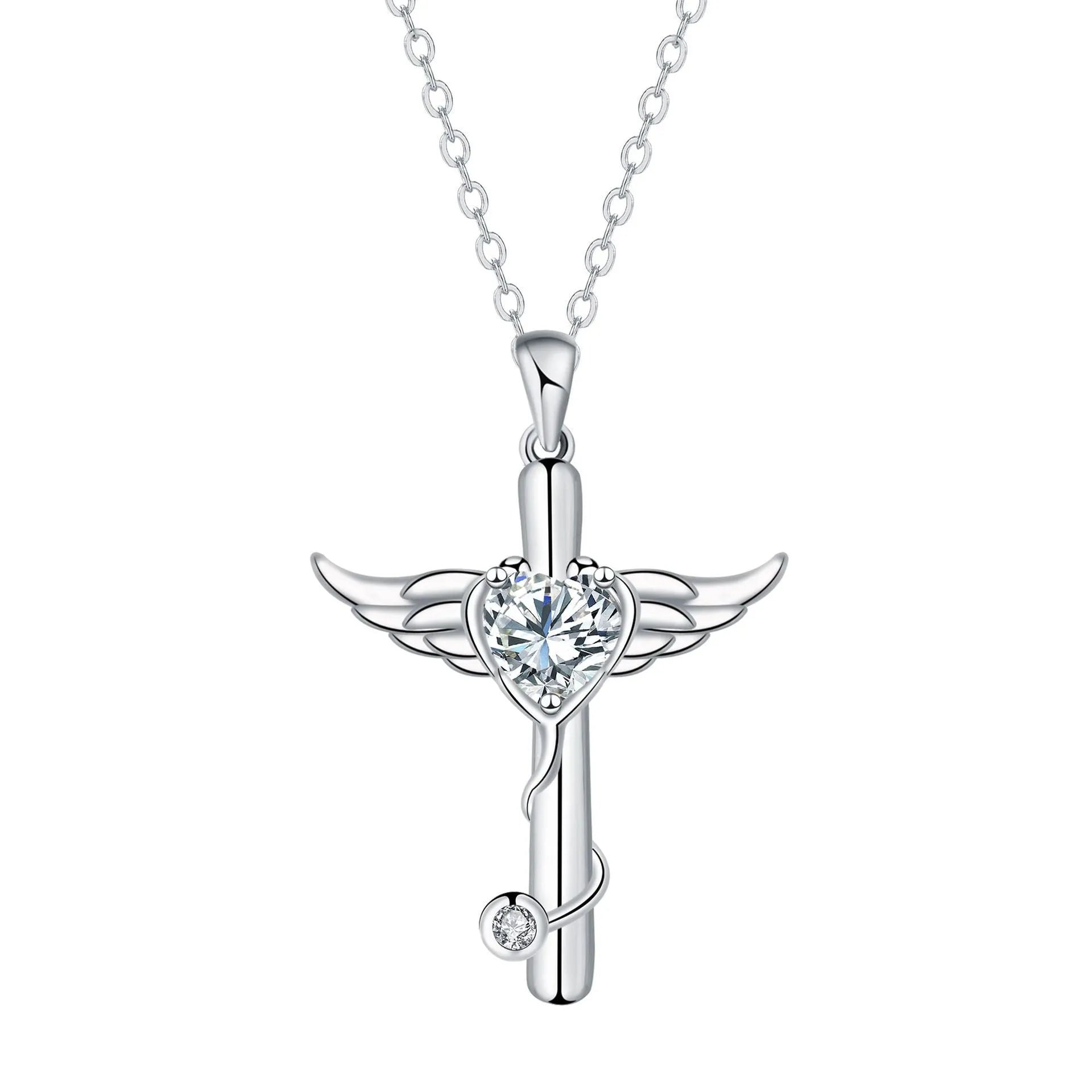 Close-up of a cross and angel wings charm on an adjustable stethoscope chain necklace.