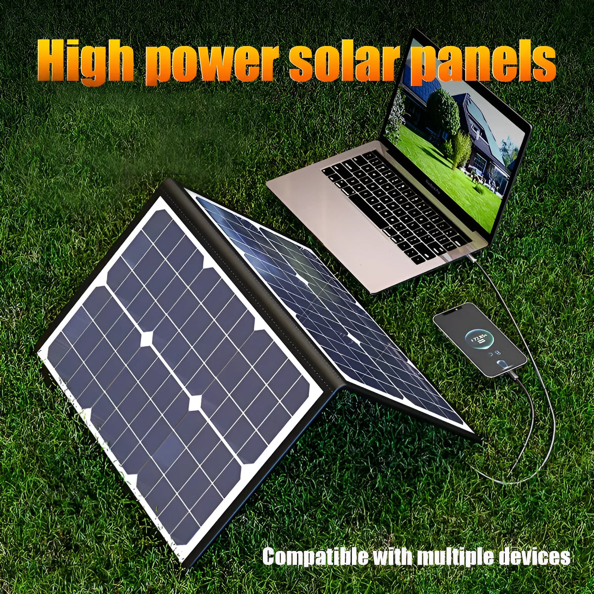 Black folding solar panel bag showing 40W single crystal cells and compact 425mm folded dimensions