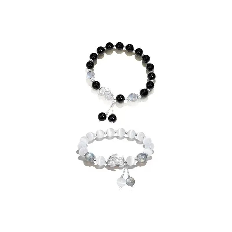 Natural black agate and moonstone couple bracelet with 10mm wave beads in national style