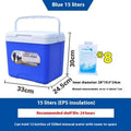 Blue portable insulated cooler box with aluminum foil finish available in multiple liter capacities for car and outdoor use
