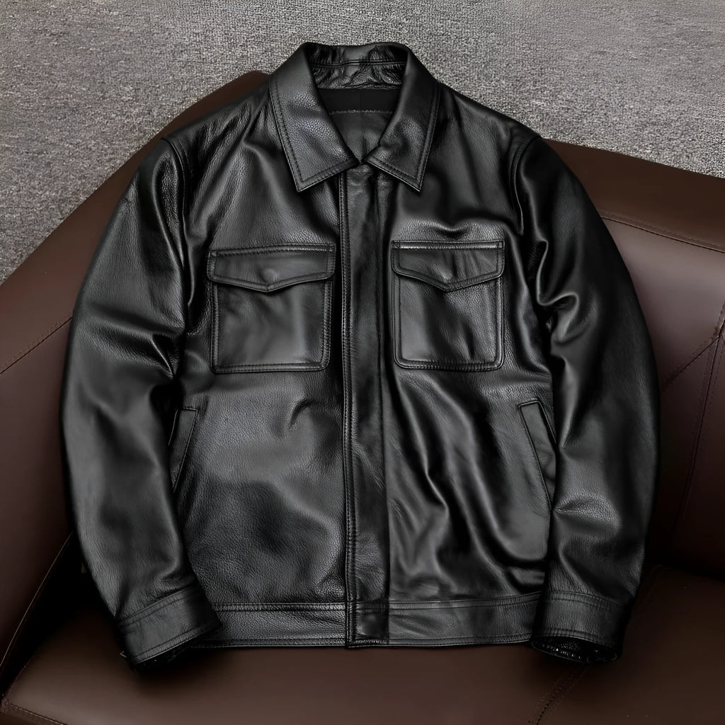 Men's plus size loose fit PU leather jacket with lapel design and side seam pockets in black or brown options