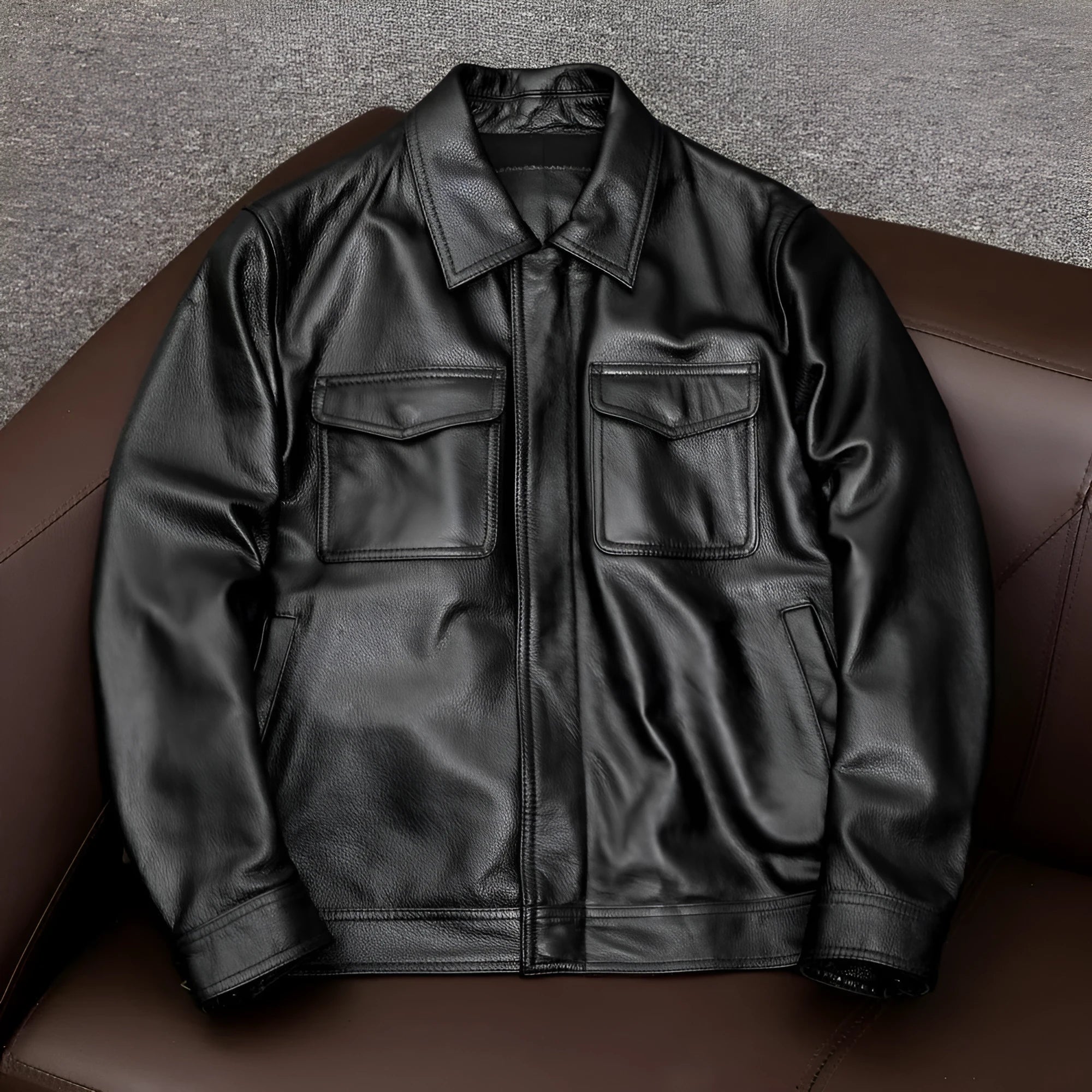 Men's plus size loose fit PU leather jacket with lapel design and side seam pockets in black or brown options