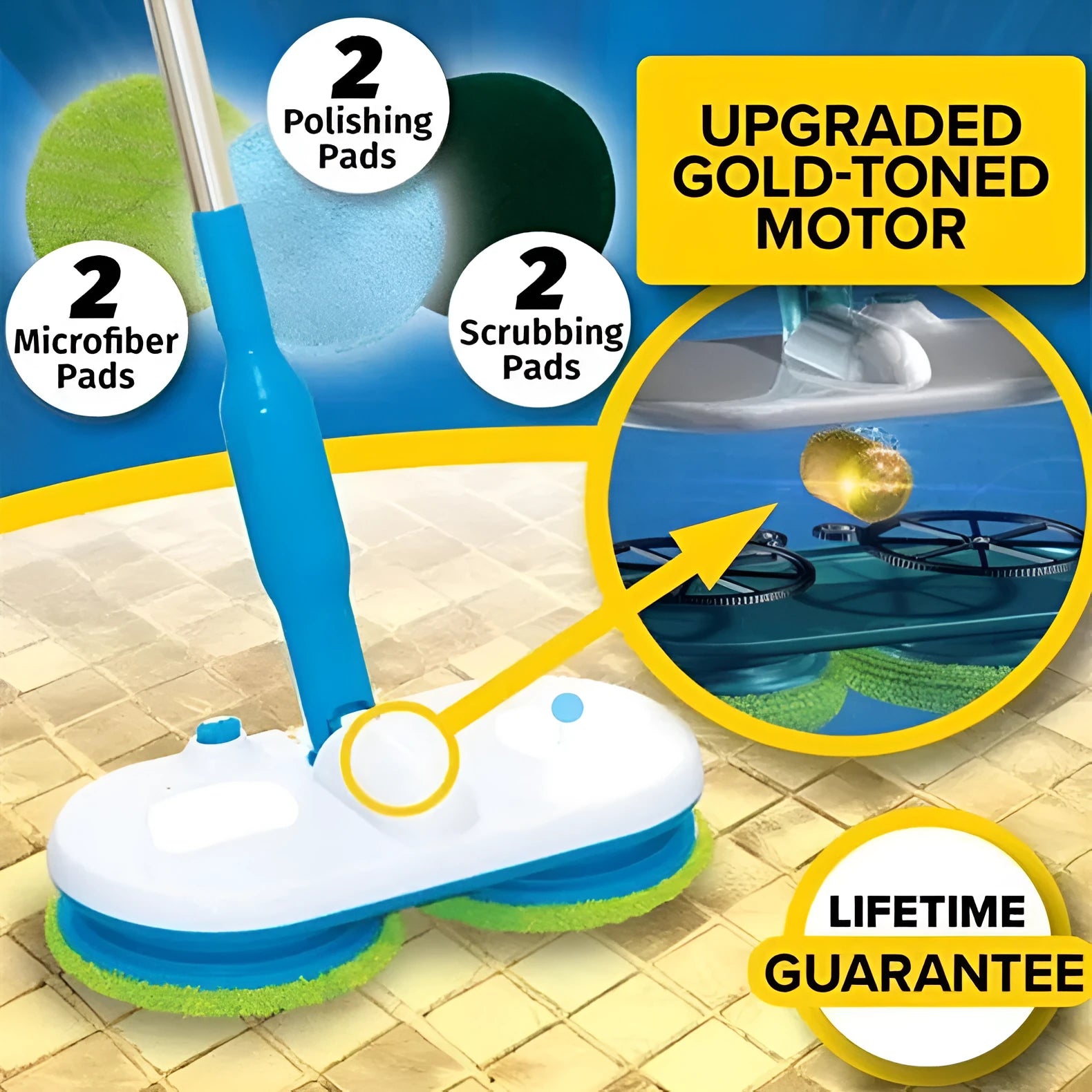 Hand-held cordless electric floor mop with USB charging port and set of washable microfiber, scrubbing, and polishing pads.