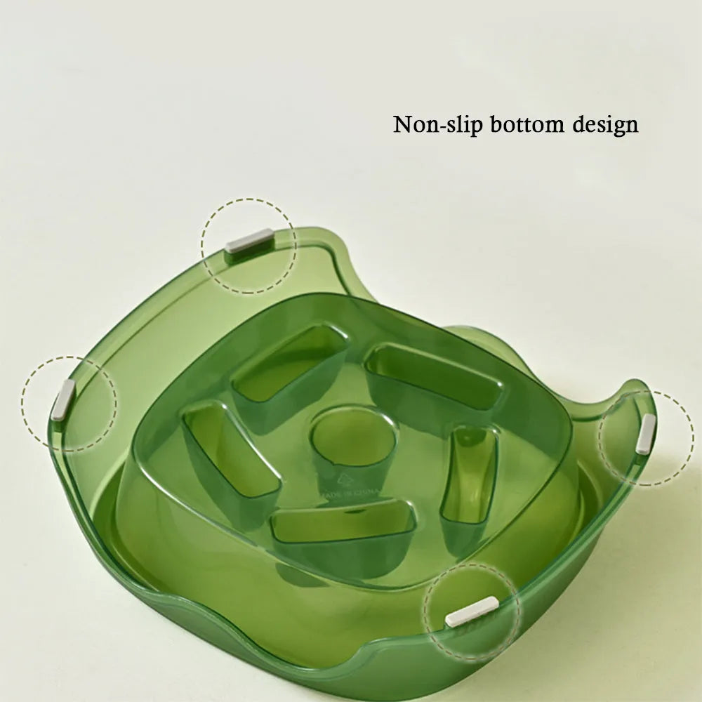 Plastic dog slow feeder bowl with maze pattern design in blue, grey, green or orange colours