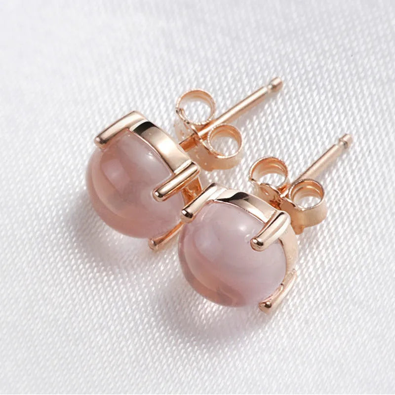 Korean style women's rose gold drop shape stud earrings with synthetic quartz and crystal inlay