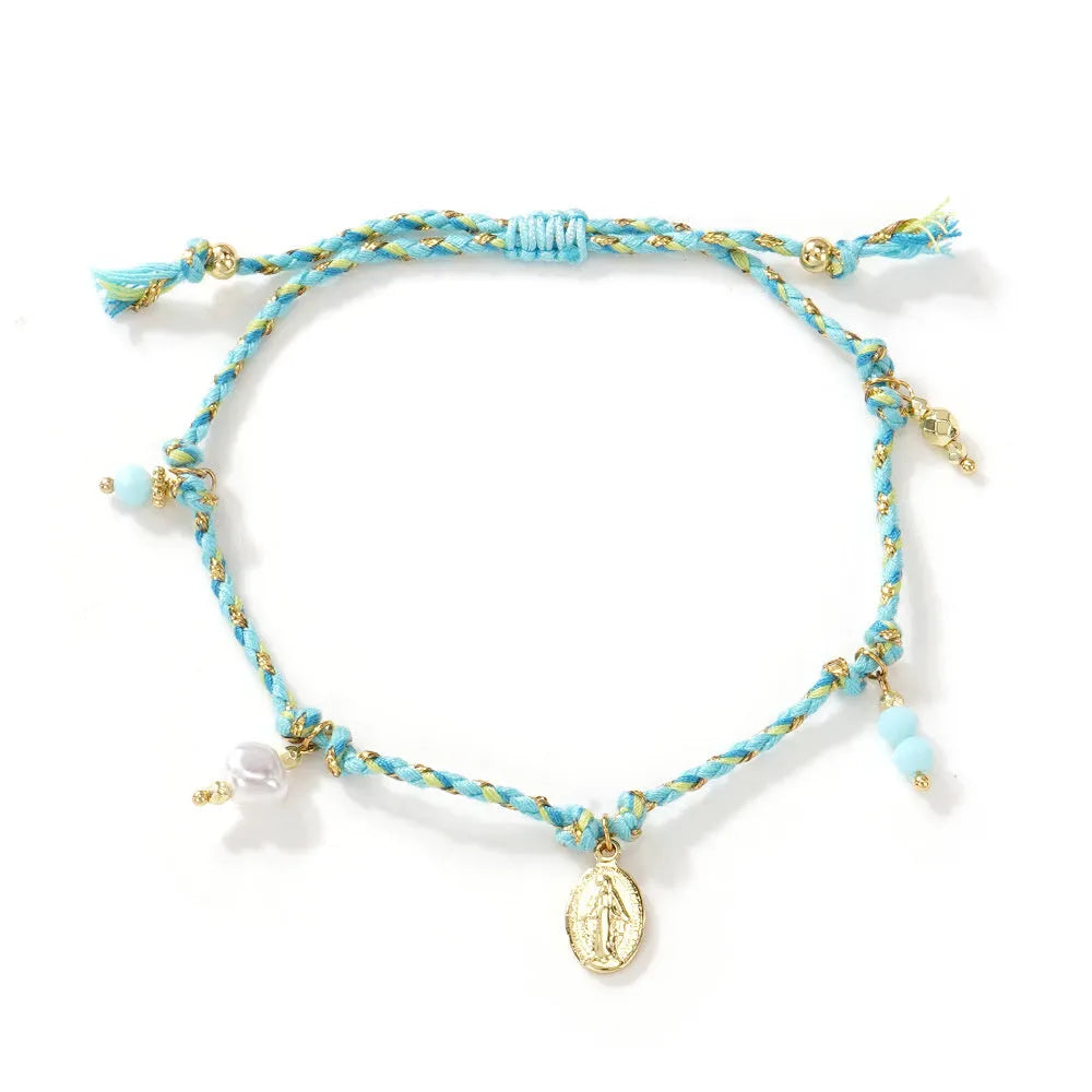 Colourful hand-woven ethnic bracelet for women with a carrying strap tag design.